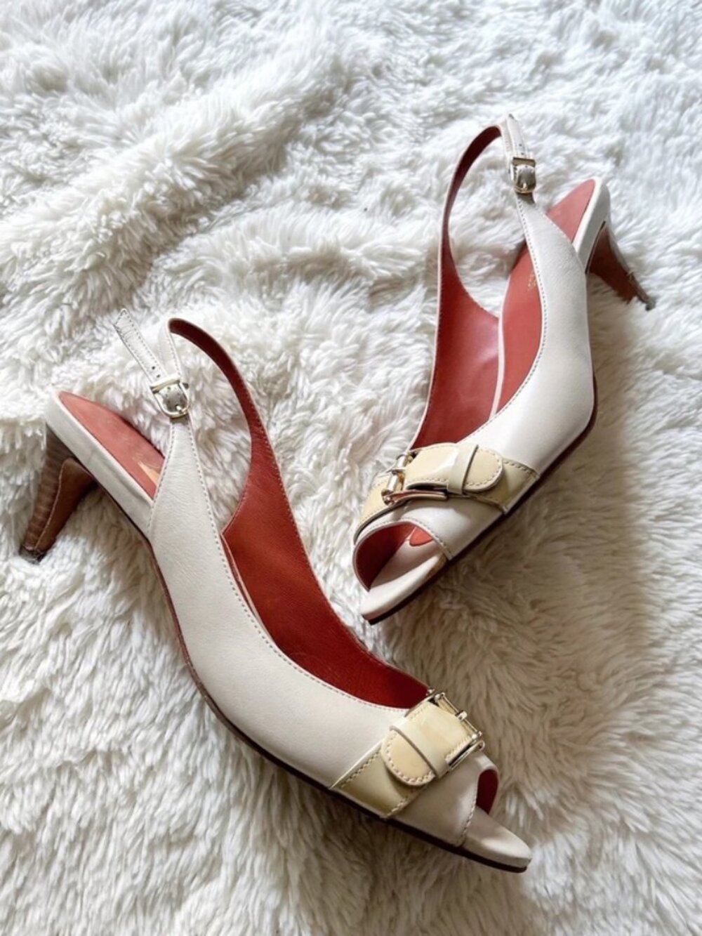 Cole Hann Nike Air Sling Back Peep Toe Cream Tan Kitten Heels US 7.5